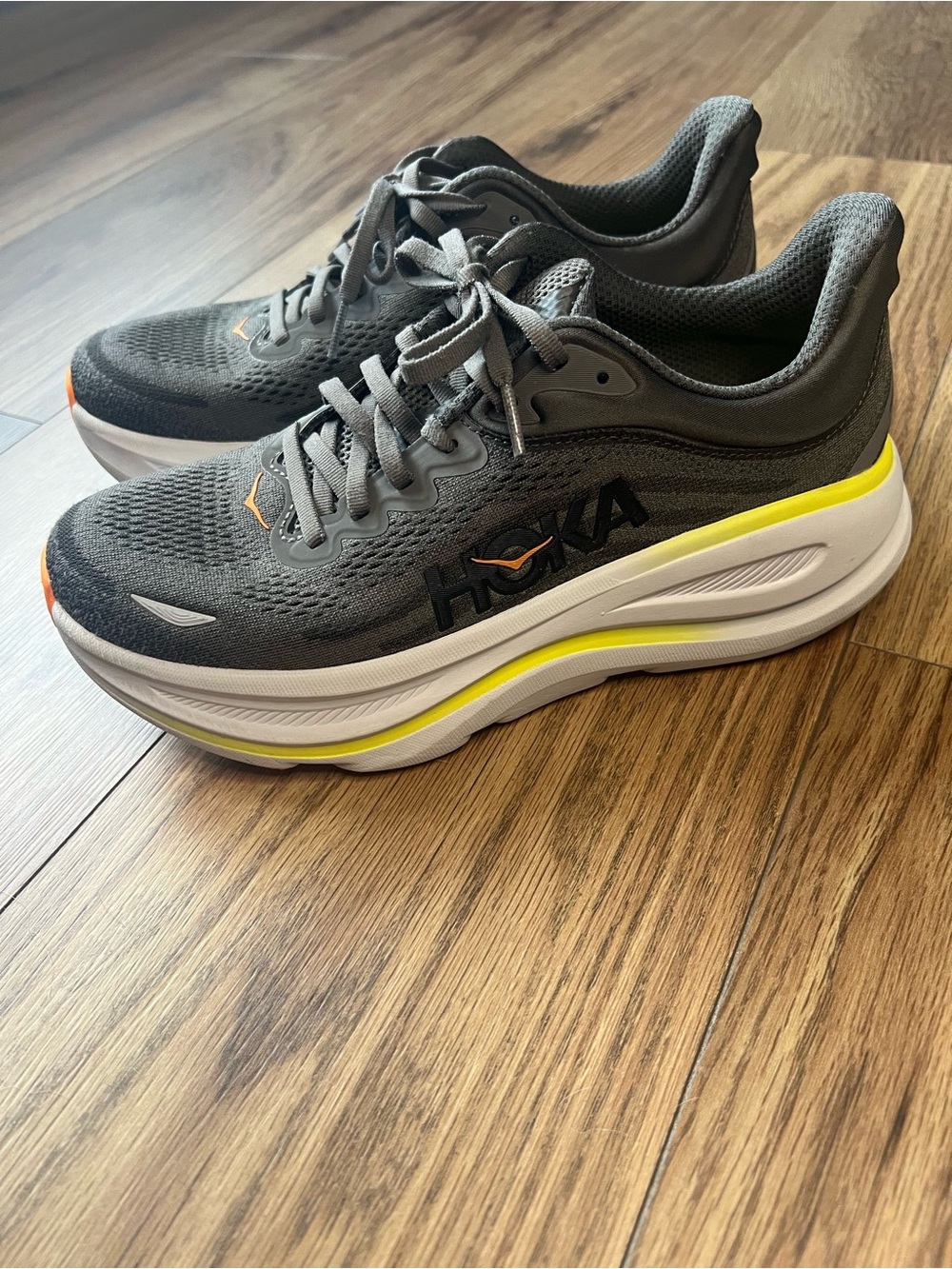 HOKA Bondi 8 Shark Grey Orange Yellow Max Cushion Running Shoes Men's 7.5 D